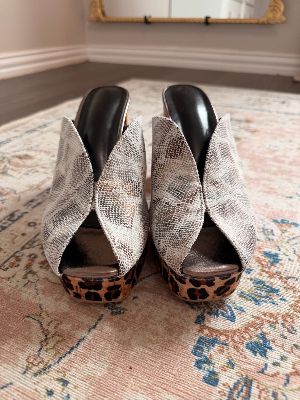 Snake-Print Crossband Mule with Leopard Platform - Women